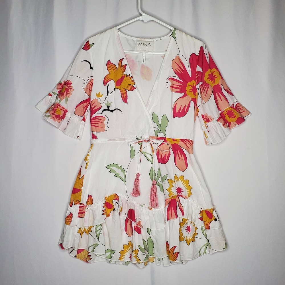 Mira Babydoll Dress Medium White Bold Floral Tier Ruffle V-Neck Lined Beach Mini